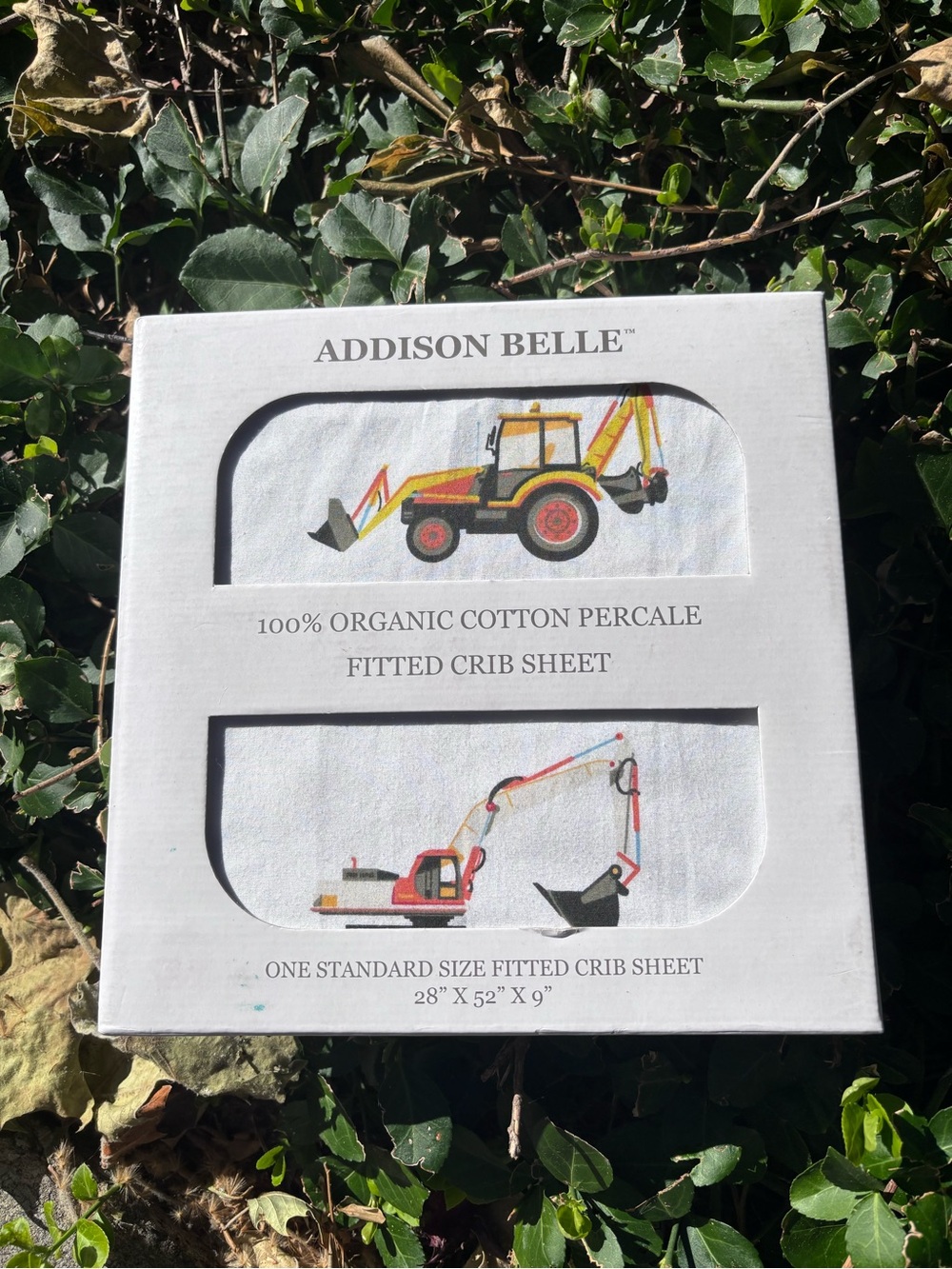 Addison Belle Organic Cotton Percale Crib Sheet with Construction Trucks - White